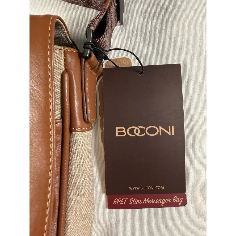Boconi RPET Slim Messenger Bag Brown‎ Leather Recycled Fabric Laptop RFID New